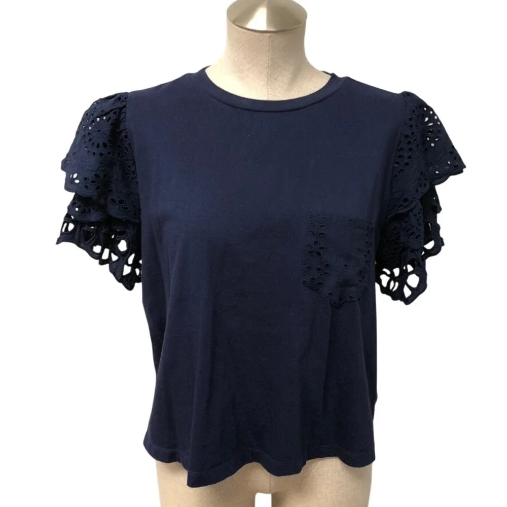 Free People T-Shirt Women Small Navy Blue Eyelet Ruffle Sleeve Pocket Tee